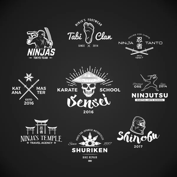 Set of Ninjutsu Logo. Sensei skull t-shirt illustration concept on gray background. Japanese Katana weapon insignia design. Vintage MMA badge. — Stock Illustration Set of Ninjutsu Logo. Sensei skull t-shirt illustration concept on gray background. Japanese Katana weapon insignia design. Vintage MMA badge. Royalty Free Stock Vectors