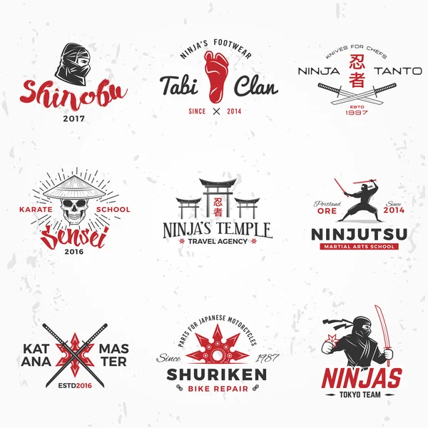 Set of Japanese Ninjas Logo. Katana master insignia design. Vintage ninja mascot badge. Martial art Team t-shirt illustration concept on grunge background Stock Illustration