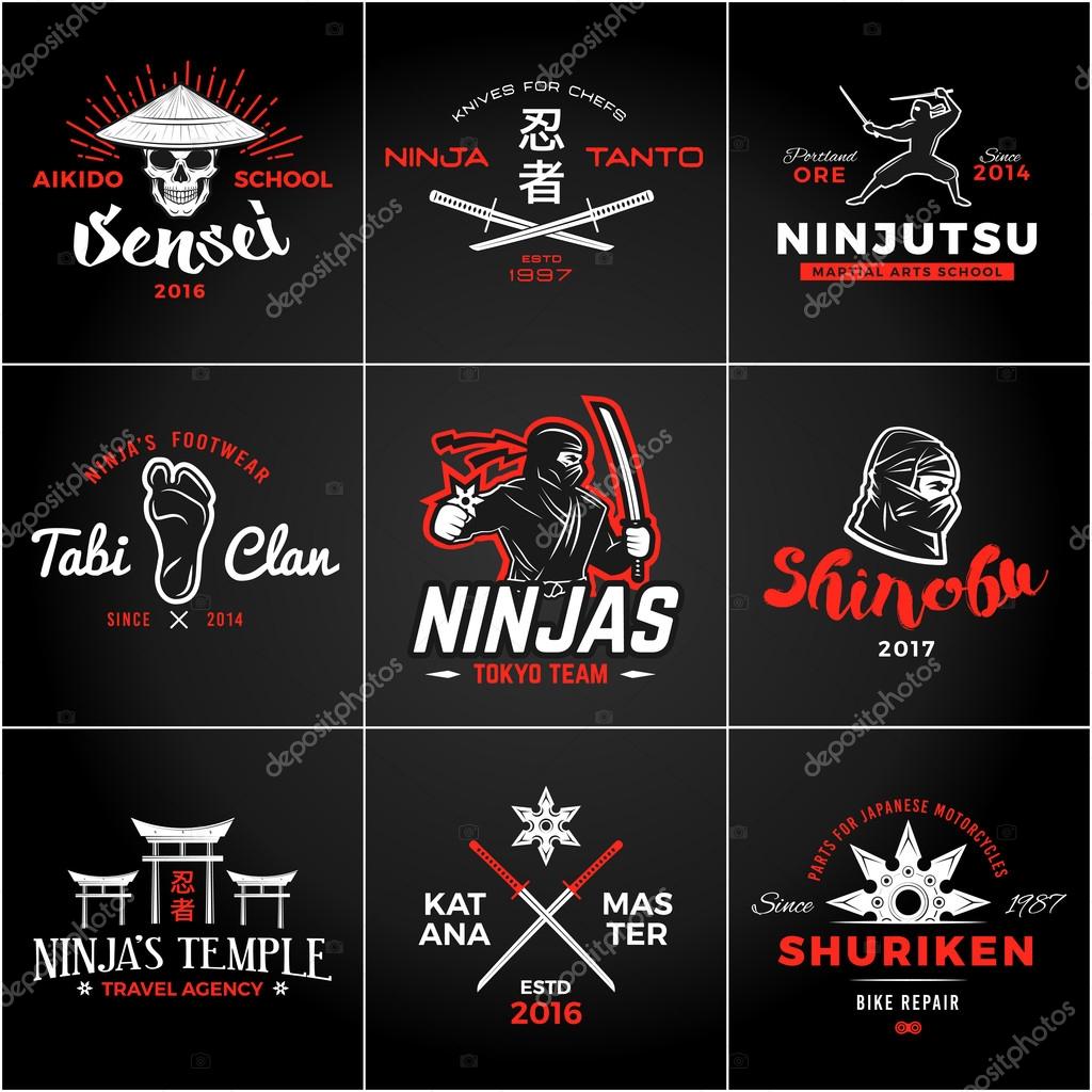 Set of Japan Ninjas Logo. Katana weapon insignia design. Vintage ninja mascot badge. Martial art Team t-shirt illustration concept