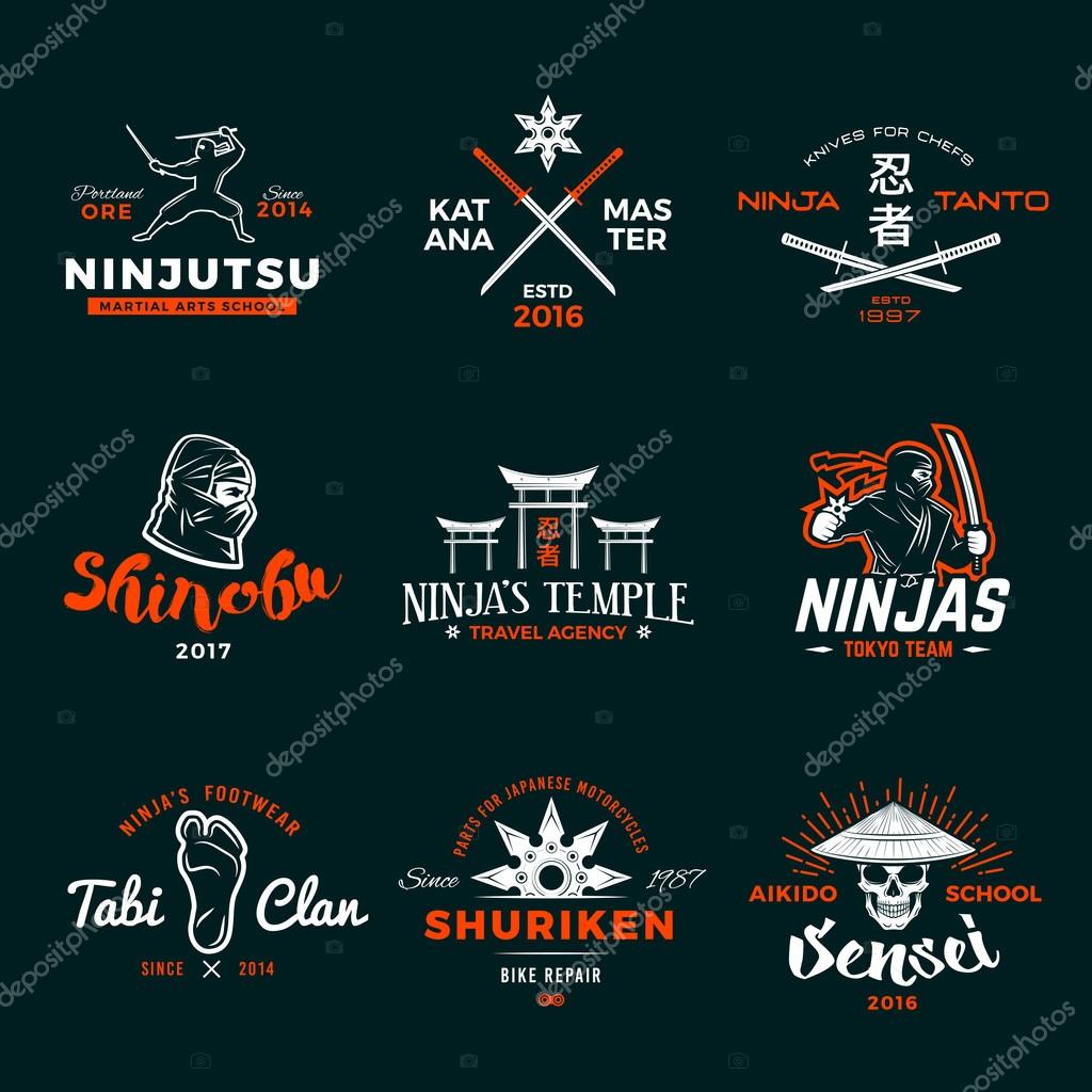 Set of Japan Ninjas Logo. Katana weapon insignia design. Vintage ninja mascot badge. Martial art Team t-shirt illustration concept
