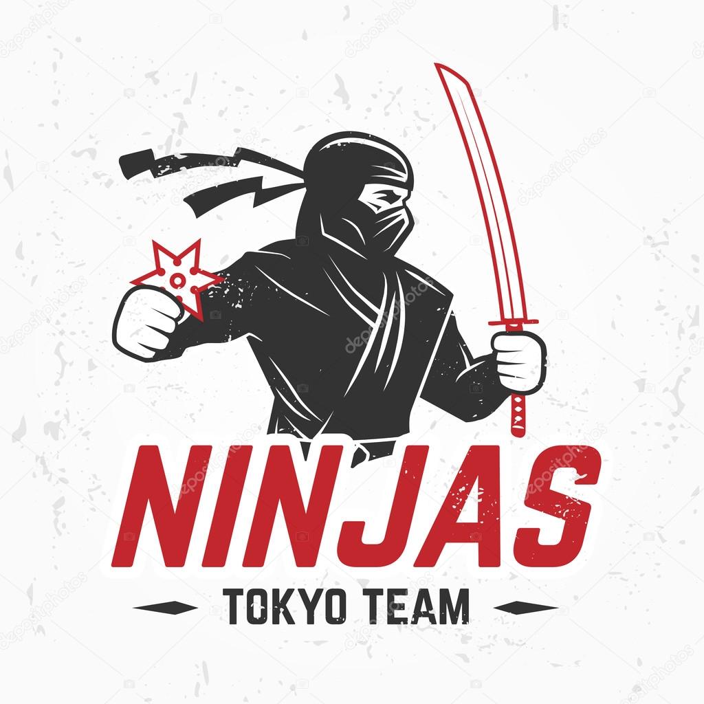 Japan Ninjas sport Logo concept. Katana weapon insignia design. Vintage ninja mascot badge. Martial art Team t-shirt illustration