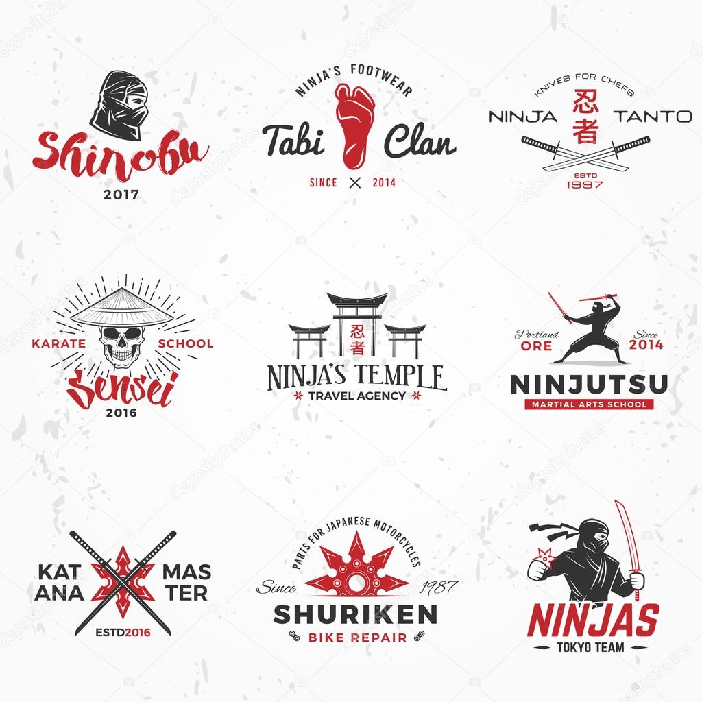 Set of Japan Ninjas Logo. Katana weapon insignia design. Vintage ninja mascot badge. Martial art Team t-shirt illustration concept
