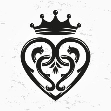 Luckenbooth Broş vektör tasarım öğesi. Vintage İskoç kalp şekli taç sembolü logo konsepti ile. Sevgililer günü veya düğün illüstrasyon grunge arka plan üzerinde.