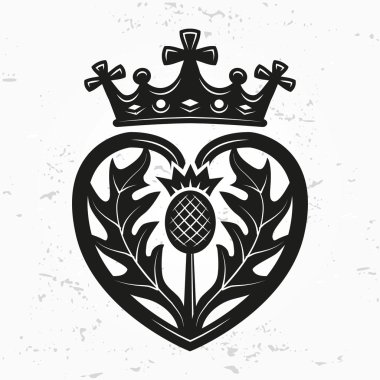 Luckenbooth Broş vektör tasarım öğesi. Vintage İskoç kalp şekli taç ve thistle sembolü logo konsepti ile. Sevgililer günü veya düğün illüstrasyon grunge arka plan üzerinde.