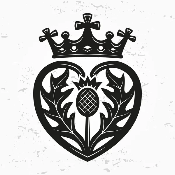 Luckenbooth elemento de diseño de vectores broche. Forma de corazón escocés vintage con la corona y el símbolo del cardo concepto de logotipo. Ilustración de San Valentín o boda sobre fondo grunge . Ilustración de stock