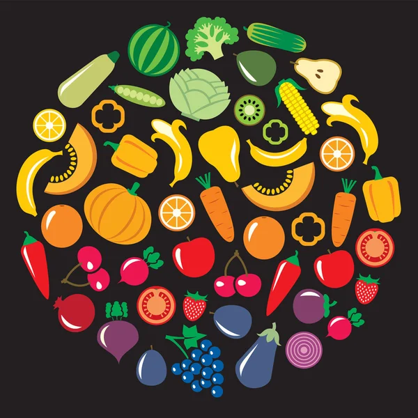 Zestaw warzyw i owoców w okrągłym kształcie — Wektor stockowy