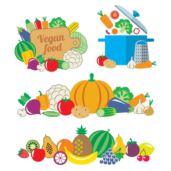 Bodegón y bordes de verduras y frutas tilo plano — Archivo Imágenes Vectoriales