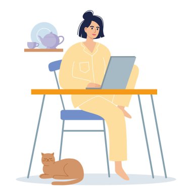 Serbest çalışan kadın evde rahat koşullarda çalışıyor, birlikte çalışıyorlar. Genç bir kız elinde dizüstü bilgisayarla mutfak masasında oturuyor. Vektör düz biçim illüstrasyonu