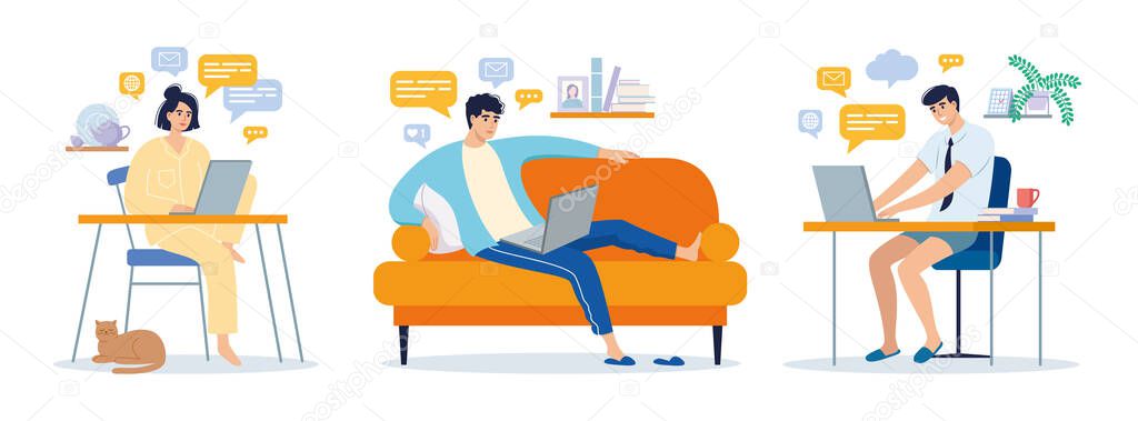 Freelancer woman and man work and communication in comfortable conditions at home, coworking space. Vector flat style illustration