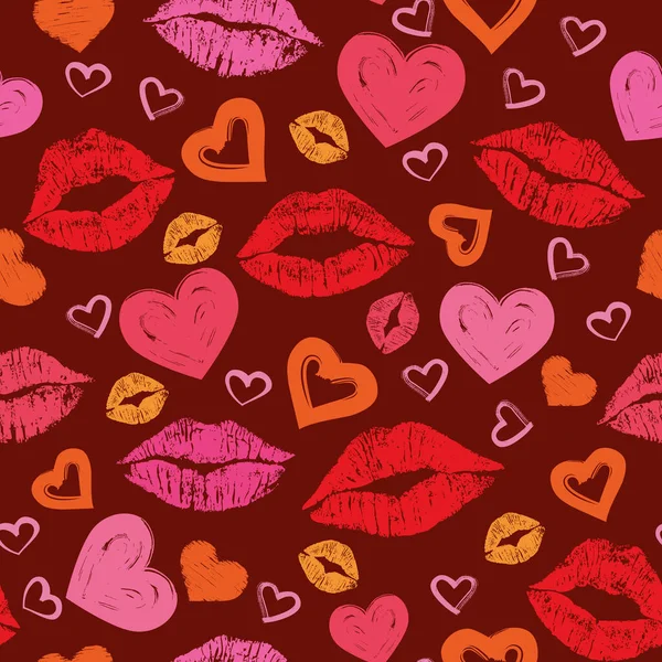 Labios Femeninos Lápiz Labial Beso Corazones Sin Costuras Patrón Cosméticos — Archivo Imágenes Vectoriales