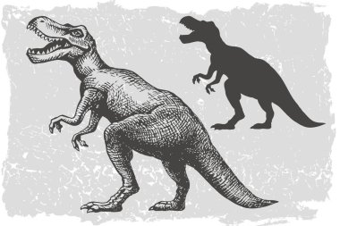 Dinozor tyrannosaurus çekimsel el çizimi ve siluet çizimi. Animal vektör çizimi grunge arka planında izole edildi