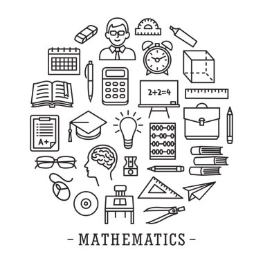 Matematik okulu eğitim ikonu satır biçimi çember tamplete olarak ayarlandı. Logo, pictogram, tasarım bilgi ögeleri