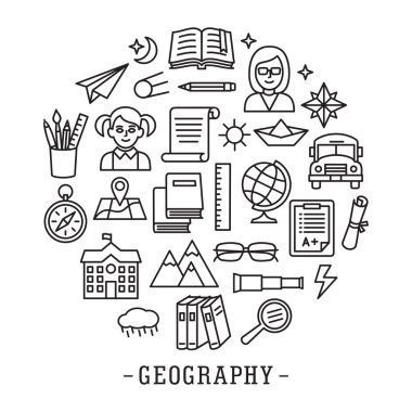 Coğrafya okulu eğitim simgesi satır biçimi çember tamplete ile ayarlandı. Logo, pictogram, tasarım bilgi ögeleri