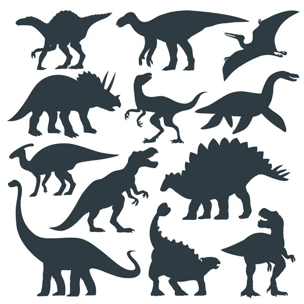 Grote Set Van Dinosaurus Silhouet Hand Getekend Illustratie Dieren Vectortekening — Stockvector