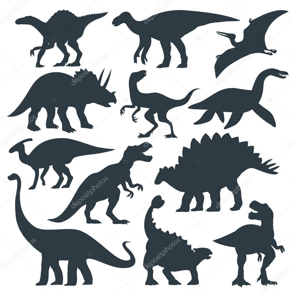 Big set of dinosaur silhouette hand drawn illustration. Animal vector drawing isolated on white background