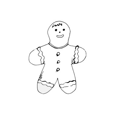 Zencefilli kurabiye. Küçük adam. Vektör. Doodle beyaz arka planda izole edilmiş. Tebrikler, kartlar, davetiyeler için kullanılabilir. Tişörtler, kupalar, hediyeler için uygun.