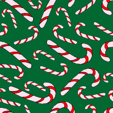 Kusursuz desen. Yeşil arka planda Noel tatlıları. Lolipop. Vektör. Doodle tarzı. Kartların dekorasyonu ve davetiyeler için kullanılabilir. Tasarımcı tişörtleri, kupalar, hediyeler. Kumaş, örtü, ambalaj kağıdı.