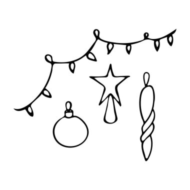 Noel ağacı süslemesi. 4 denek. Elle çizilmiş. Karalamalar. Siyah ve beyaz. Şenlik dekorunun bir parçası. Kış gereçleri. Yeni yıl. Tatil kartları ve çıkartmalar için uygun.