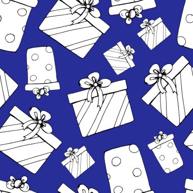 Kusursuz bir baba. Mavi arka planda farklı şekillerde hediye kutuları. Hediye taslağı. Vektör. Kapaklar, kapaklar ve hediye kağıtları için uygun..