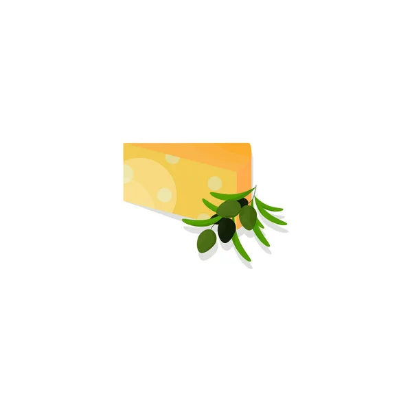 異なる成熟度のベクトルチーズとオリーブの枝の組成 フードテーマの装飾要素 ラベル イラストとして使用できます — ストックベクタ