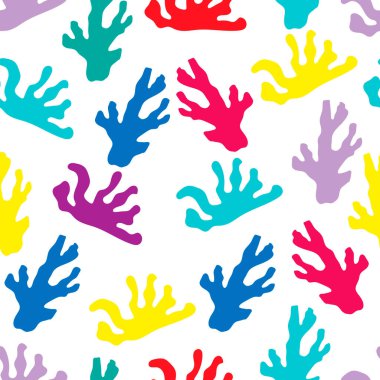 Kusursuz desen, parlak renkler. Deniz teması. Çizgi film tarzı. Mercan vektörü. Dekor ögesi