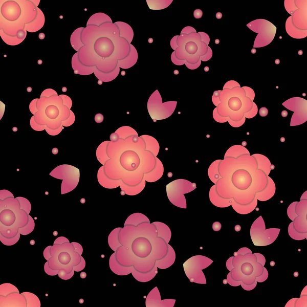 Seamless Pattern Vector Pink Cartoon Style Flowers Black Background Suitable — Stock Vector