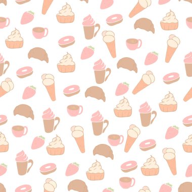 Kek ve kahveyle kusursuz desen. Şekerler ve bardaklar bir içecekle. Vektör. Elle çizilmiş karalama tarzı