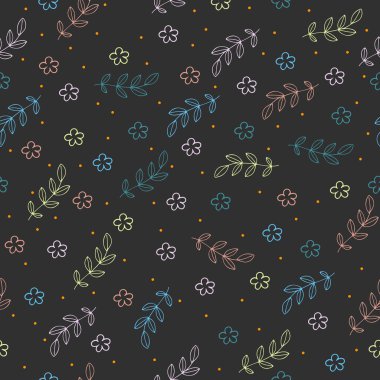 Kusursuz desen. Gri arka planda çiçekler ve dallar. Duvar kağıdı, ambalaj kağıdı, defter ve kumaş için arka plan.