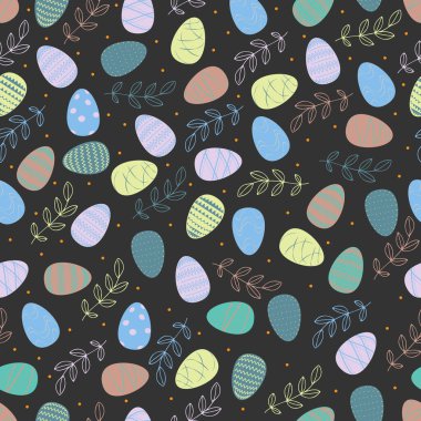 Kusursuz desen. Vektör. Renkli yumurta, dal. Ambalaj kağıdı, tasarım kapakları, festival dekoru için uygun