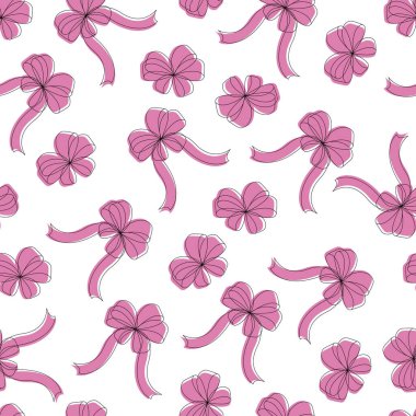 Fiyonklarla bağlanmış kusursuz şenlik kurdeleleri. Beyaz arka planda pembe elementler. Kumaş ve ambalaj kağıdı için uygun