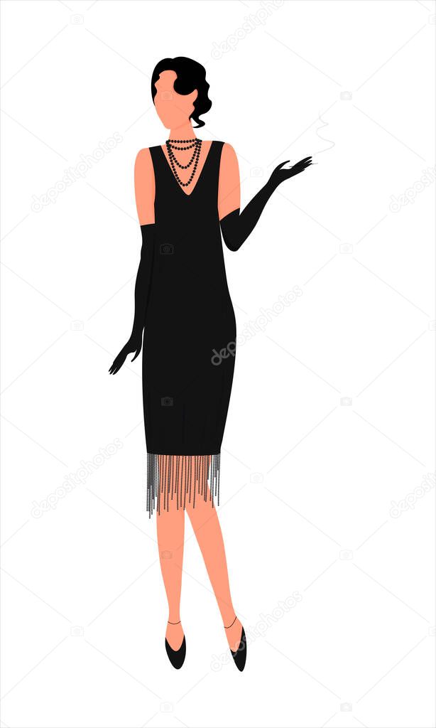Elegante chica de pelo oscuro en pleno crecimiento. Sostener un cigarrillo. El estilo de los años 20. Vector. Personaje plano de dibujos animados. Aislado sobre fondo blanco. 2023 Elegante chica de pelo oscuro en pleno crecimiento. Sostener un cigarrillo. El estilo de los años 20. Vector. Personaje plano de dibujos animados. Aislado sobre fondo blanco. 2023