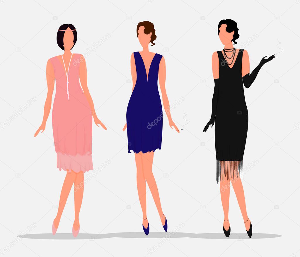 Silhouettes of girls of the 1920s. Three girls in full growth. Vector. Flat cartoon style