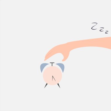 Bir el çalar saate uzanıyor. Vektör. Düz çizgi film tarzı. Beyaz arkaplanda izole