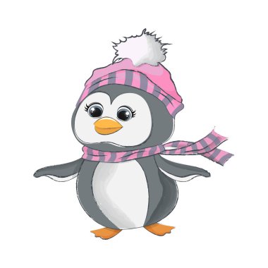 Pembe şapkalı ve atkılı şirin penguen. Vektör illüstrasyonu