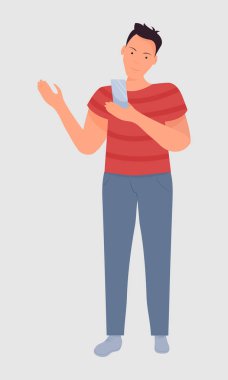 Uzun boylu genç bir adam cep telefonunun ekranına bakıyor. Vektör. Beyaz bir arka planda ayrıyız. Düz çizgi film tarzı. Çevrimiçi iletişim kavramı, telefon aracılığıyla çalışmak, uygulamaları kullanmak