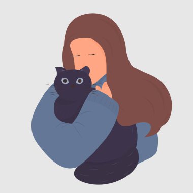 Gözleri kapalı bir kız kediyi nazikçe kucaklıyor. Vektör. Düz çizgi film tarzı. Beyaz arkaplanda izole