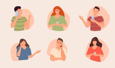 İnsanlar telefonda konuşuyor, oğlanlar ve kızlar telefon ekranına bakıyor. Ellerinde telefon olan kadın ve erkekler. Vektör. Düz çizgi film biçimi.