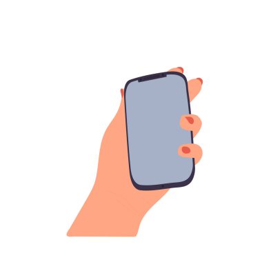 Telefon sol kadın elinde. Vektör. Düz çizgi film tarzı. Beyaz bir arka planda izole edilmiş. Metninizi ya da resminizi ekrana bırakabilirsiniz. maket yap