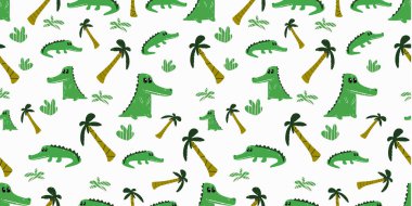 Tatlı timsahla kusursuz bir geçmişi var. İskandinav tarzında çocuk odası için dekoratif duvar kağıdı. Çocuk kıyafetleri, iç tasarım, ambalaj, baskı için elverişli