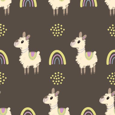 Seamless background with cute lama. Decorative cute wallpaper for the nursery in the Scandinavian style. Suitable for children's clothing, interior design, packaging, printing clipart