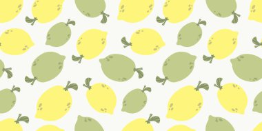 Meyveli, kusursuz bir arka plan. Vektör çizimi. Kumaş, duvar kağıdı, mutfak tasarımı için uygun. Çizgi film tarzında limon