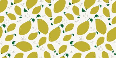 Meyveli, kusursuz bir arka plan. Vektör çizimi. Kumaş, duvar kağıdı, mutfak tasarımı için uygun. Çizgi film tarzında mango..