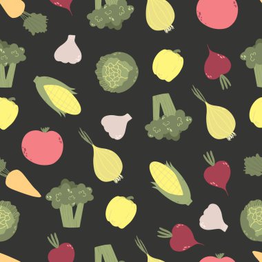 Çizgi film tarzındaki sebzelerden kusursuz bir desen. Vektör görüntüsü. Beyaz arkaplanda.
