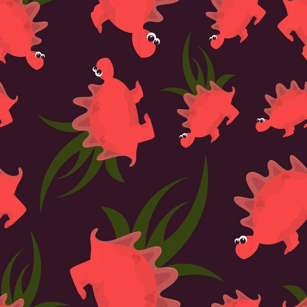 Lindo Patrón Sin Costuras Con Dinosaurios Rojos Sobre Fondo Púrpura — Vector de stock