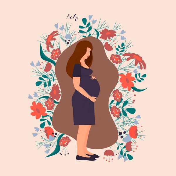 深色头发的孕妇 背景是花朵 我在等孩子这个女孩轻轻抓着她的胃 平面卡通风格 — 图库矢量图片