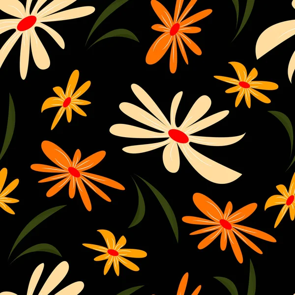 Seamless Pattern Flowers Orange Tones Black Background Vector Suitable Wrapping — Stock Vector