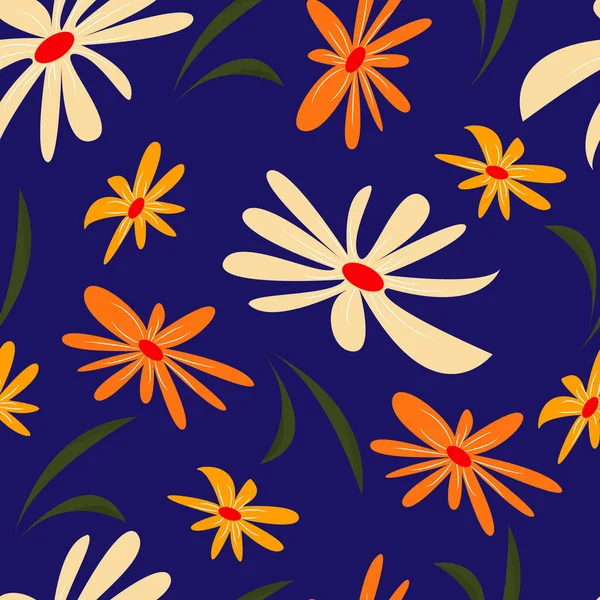 Seamless Pattern Flowers Orange Tones Blue Background Vector Suitable Wrapping — Stock Vector
