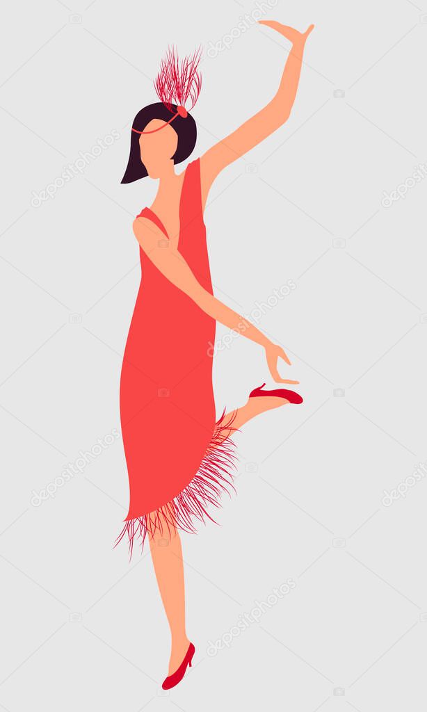 Retro illustration. The dark-haired girl of 1920s in a red dress, dancing an incendiary dance. Vector. Flat cartoon style.
