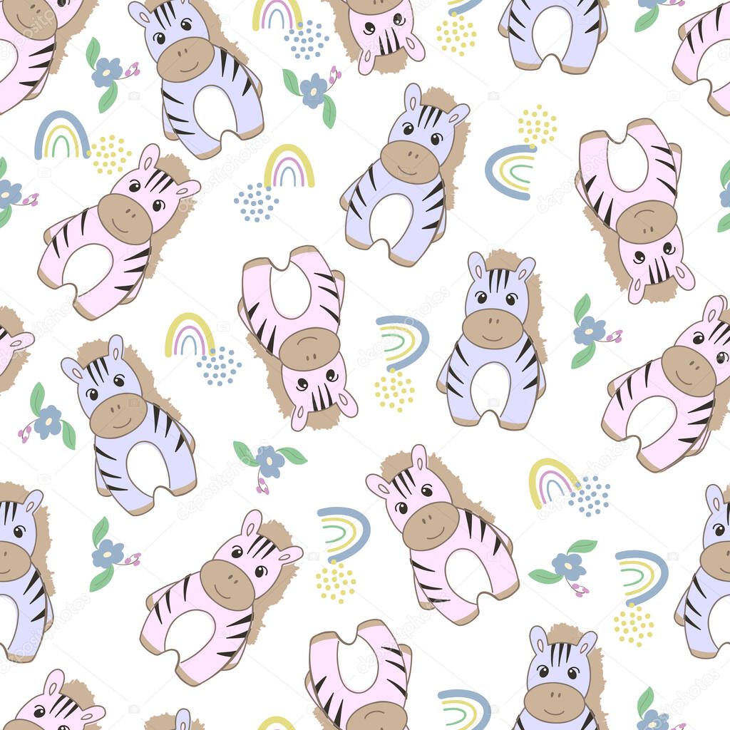 Seamless background with cute animals. Decorative cute wallpaper for the nursery in the Scandinavian style. Suitable for children's clothing, interior design, packaging, printing. Zebra with rainbow.