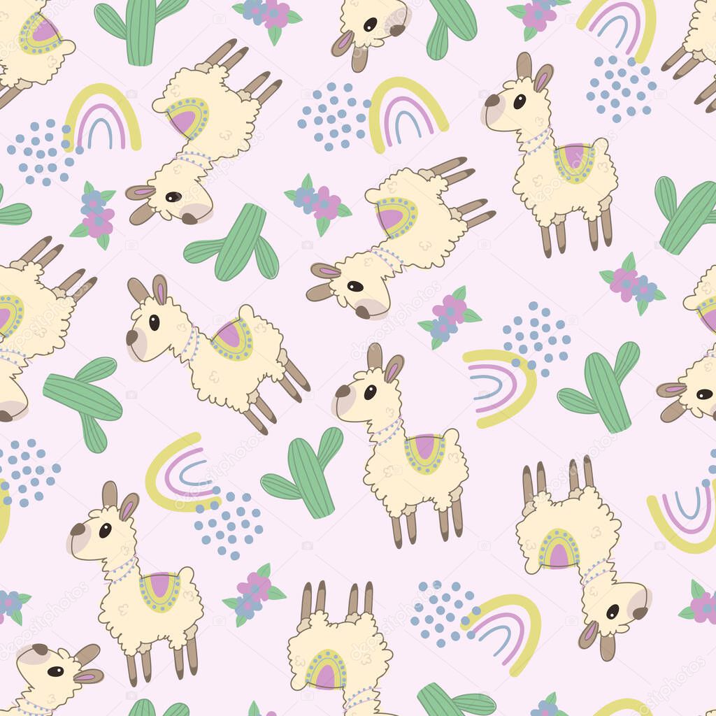 Seamless background with cute Llama. Decorative cute wallpaper for the nursery in the Scandinavian style. Suitable for children's clothing, interior design, packaging, printing